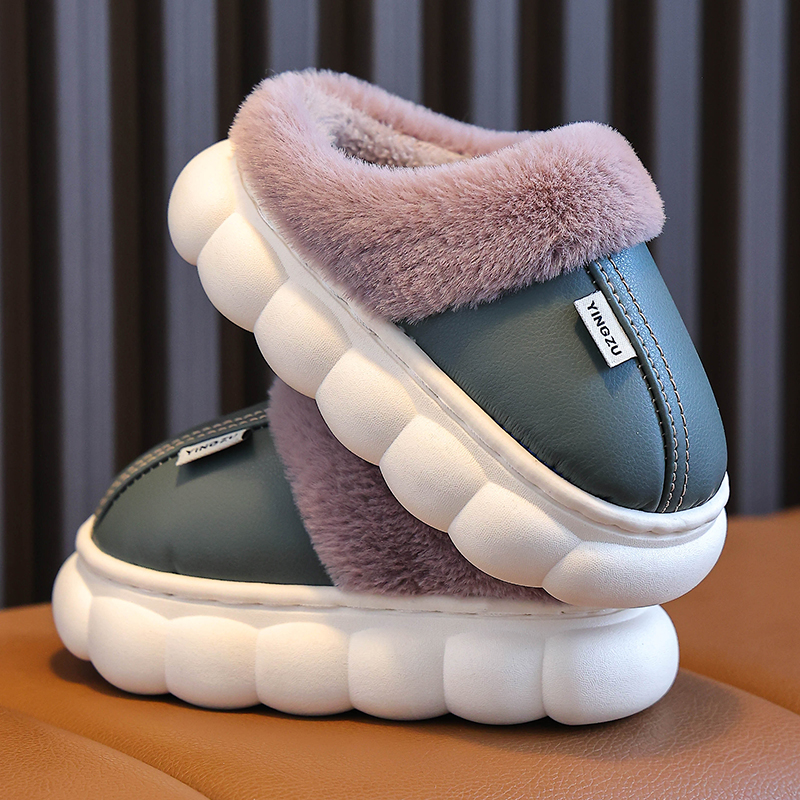 儿童棉拖鞋皮质PU防水防滑秋冬季加厚防滑软底亲子室内外棉鞋