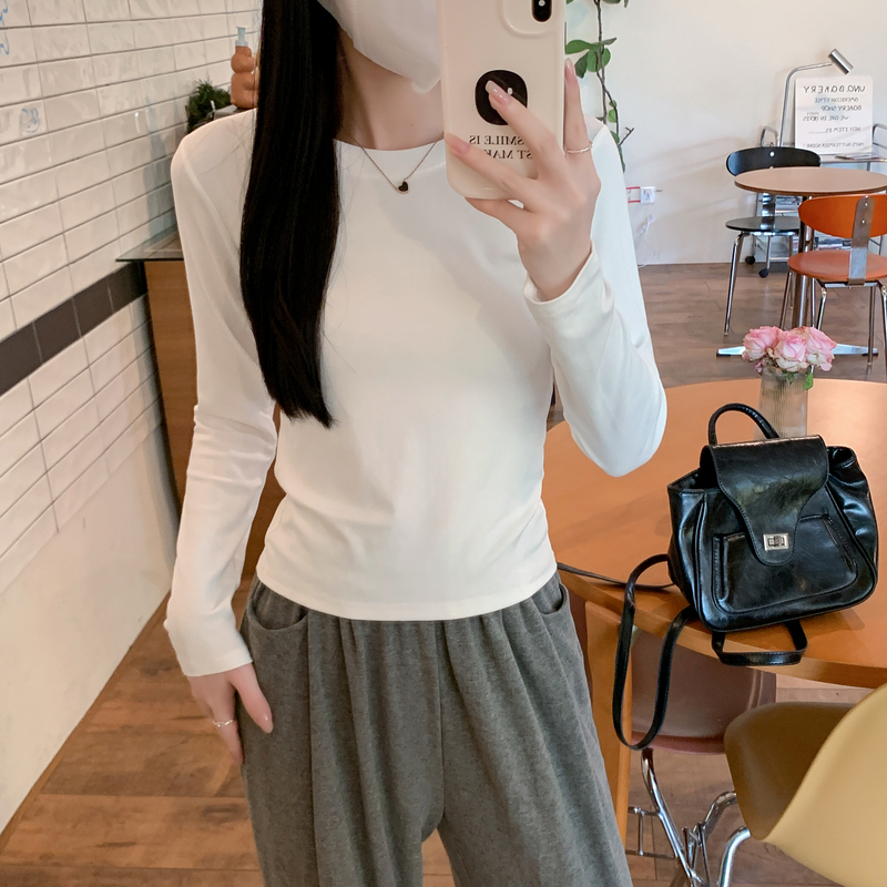 年谜（可选加绒）圆领t恤女长袖有弹秋冬修身显瘦内搭上衣打底衫