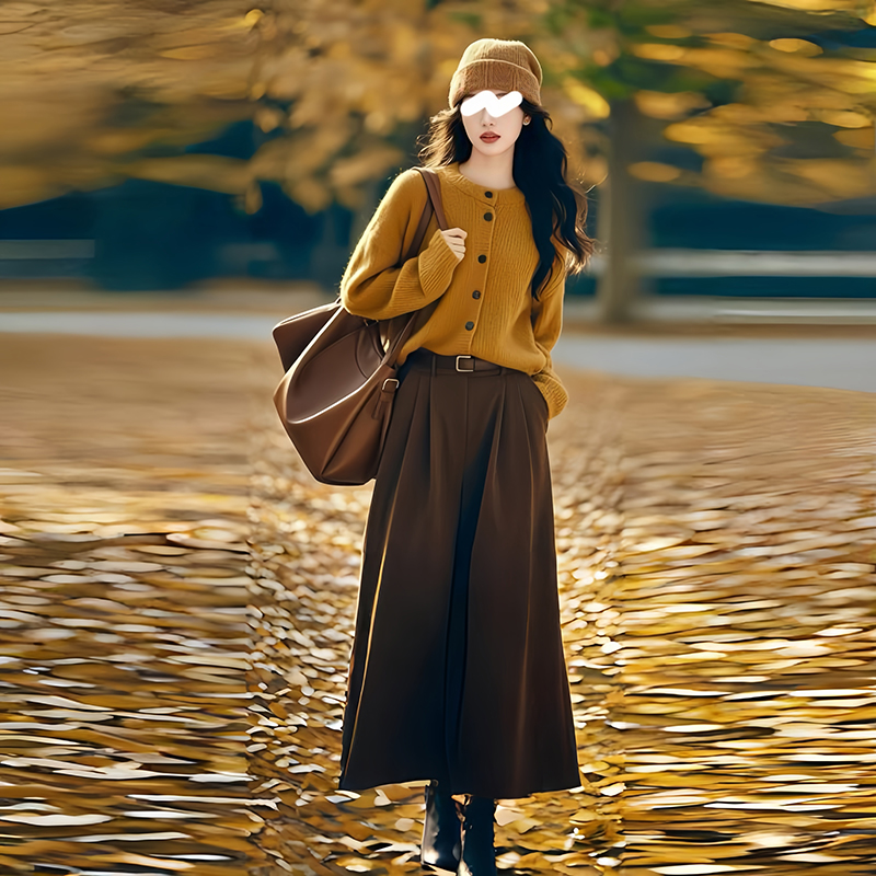 韩系简约一整套穿搭女复古圆领长袖针织开衫高腰显瘦半身裙套装潮