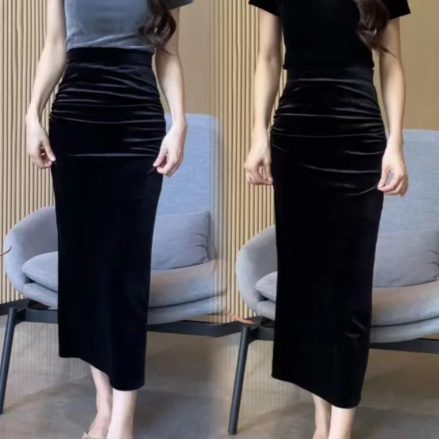 金丝绒夏季修身半身裙女春秋新款黑色高腰中长款一步显瘦开叉长裙