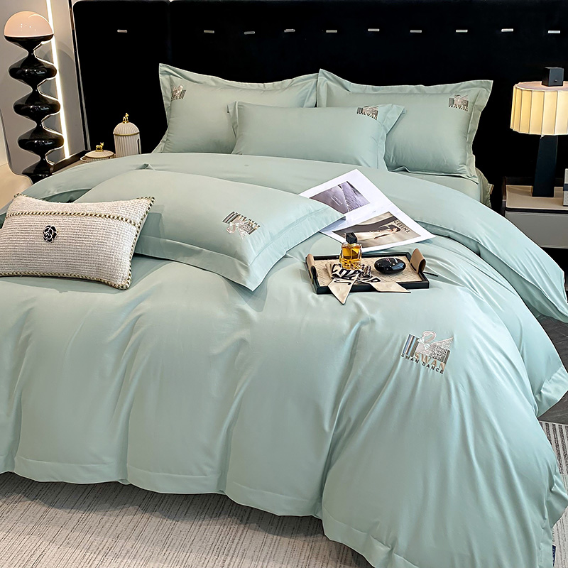 四季款柔软亲肤全棉刺绣四件套系列纯色简约床品套件-粉黛佳人