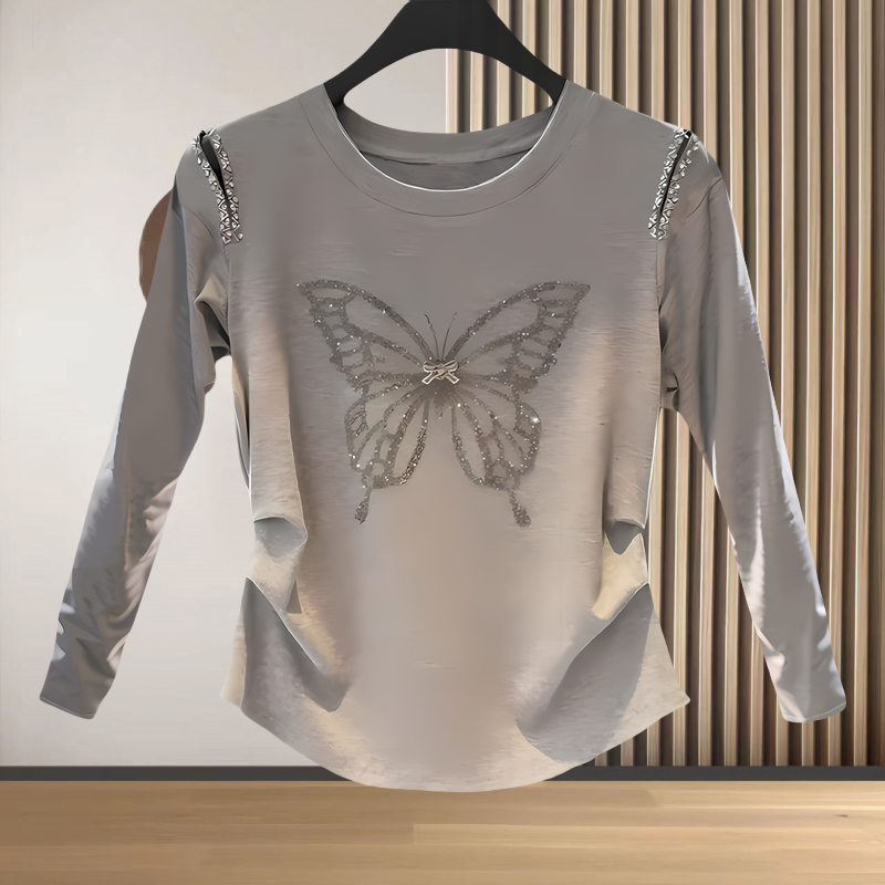 2025秋季新款蝴蝶烫钻钉珠气质修身显瘦打底衫上衣洋气长袖t恤女