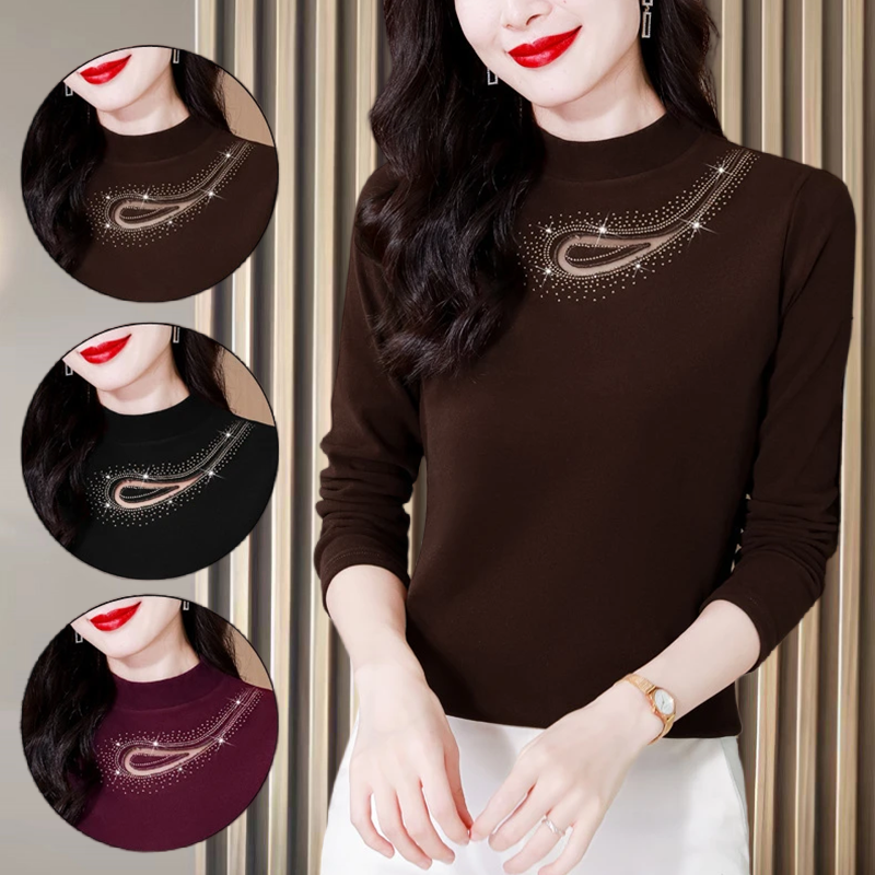 大码德绒烫钻2025秋季新款百搭上衣洋气修身显瘦长袖内搭打底衫女