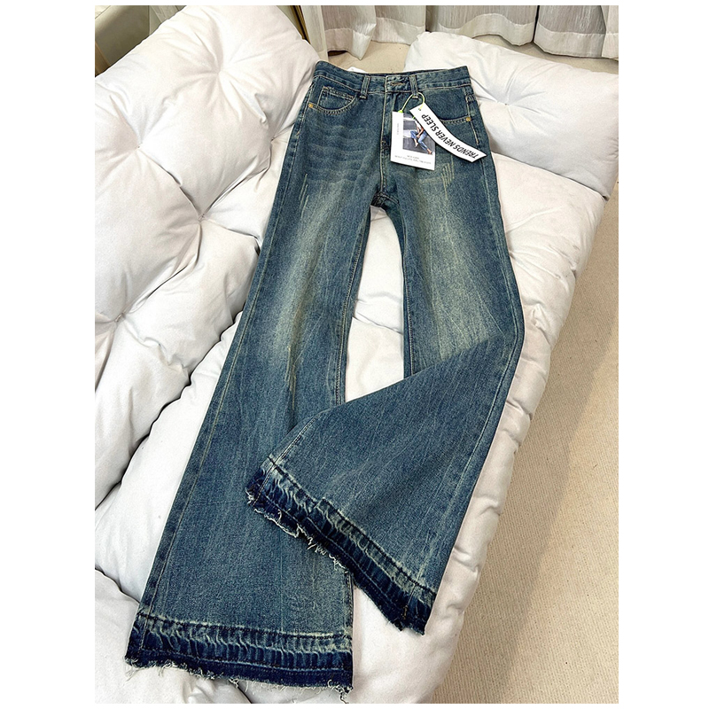 高腰复古牛仔裤女秋季大码女装胖mm宽松显瘦毛边扎染微喇阔腿长裤