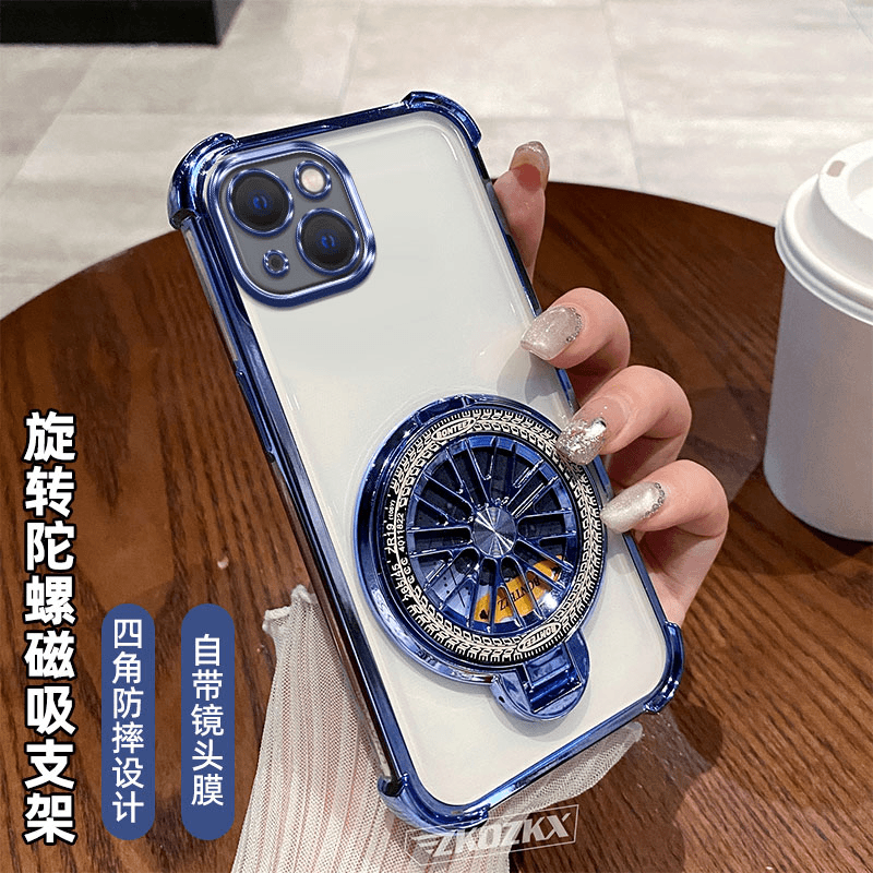 适用苹果13手机壳磁吸陀螺支架镜头全包透明电镀四角防摔超薄男女