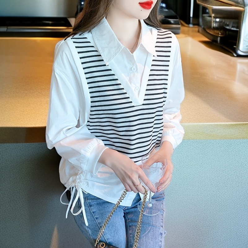 2025秋季新款假两件条纹衬衫长袖宽松大码上衣小众时尚减龄设计感