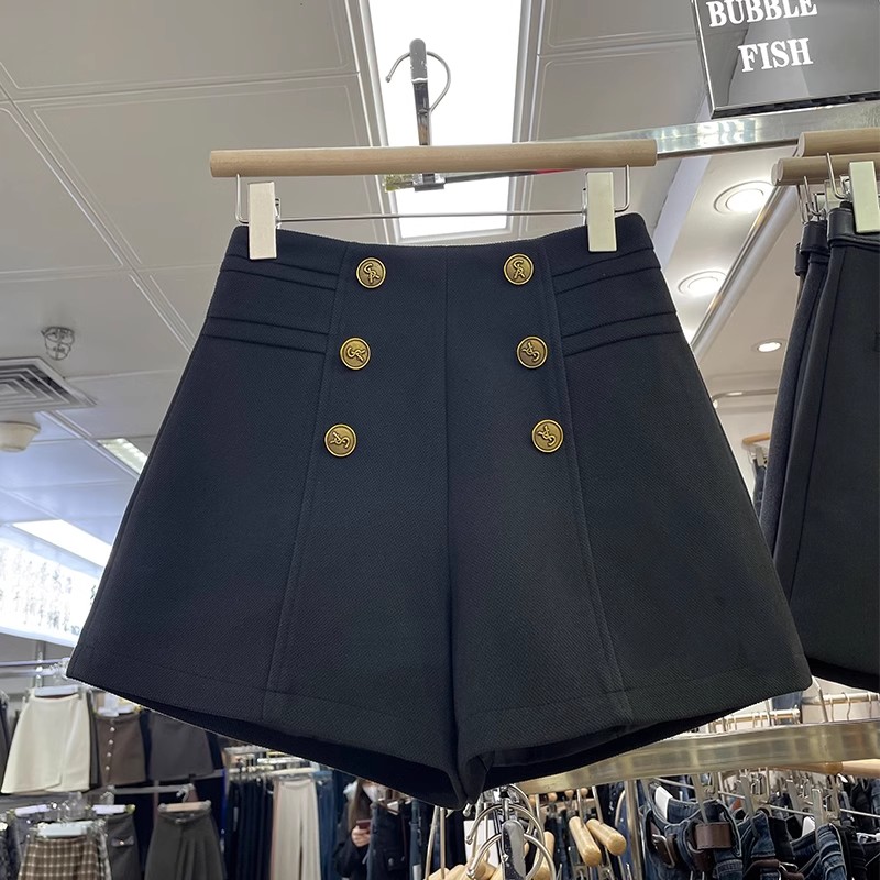 短裤女外穿2024秋冬新款毛呢高腰显瘦a字阔腿休闲靴裤双排扣短裤