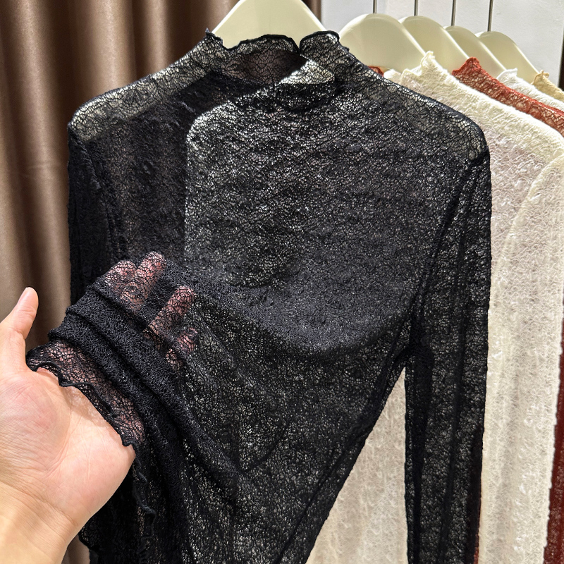 2025秋季新款百搭木耳边半高领长袖安可拉红蕾丝衫女薄透T恤上衣