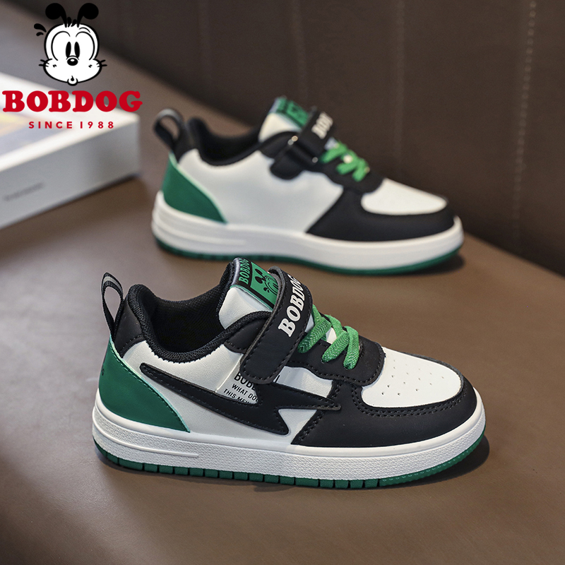 Bobdog/巴布豆男童运动鞋2024春秋款皮面防水儿童休闲鞋潮牌板鞋