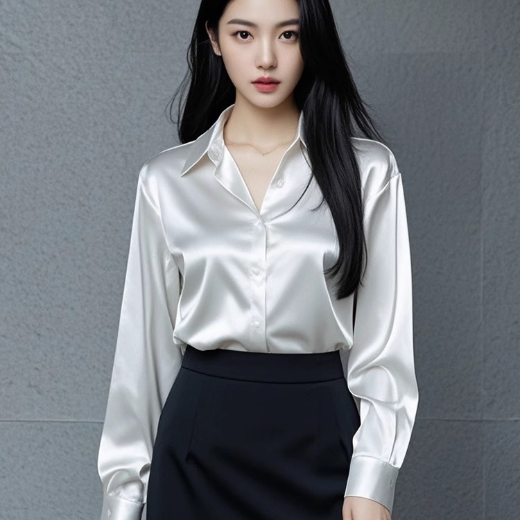 设计感轻奢正装醋酸缎面衬衫女职业通勤气质长袖教资面试内搭衬衣
