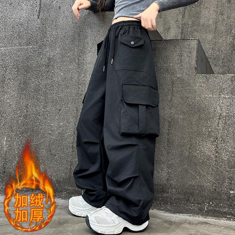 女童黑色工装裤冬季2025新款儿童女孩大童秋冬款洋气加绒加厚裤子