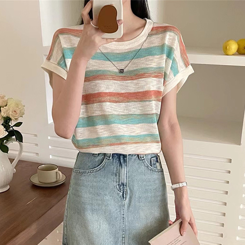 竹节棉冰丝条纹t恤女短袖2025新款百搭爆款夏季短款上衣时尚洋气