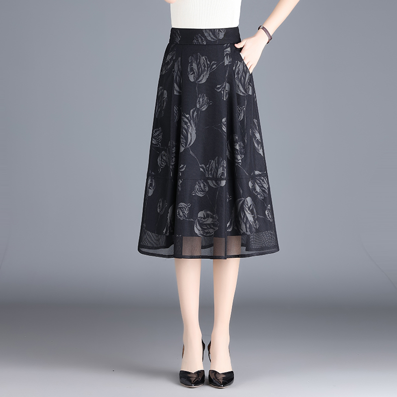 高腰A字半身裙女2025春夏新款印花网纱裙中长款垂感显瘦百褶A字裙