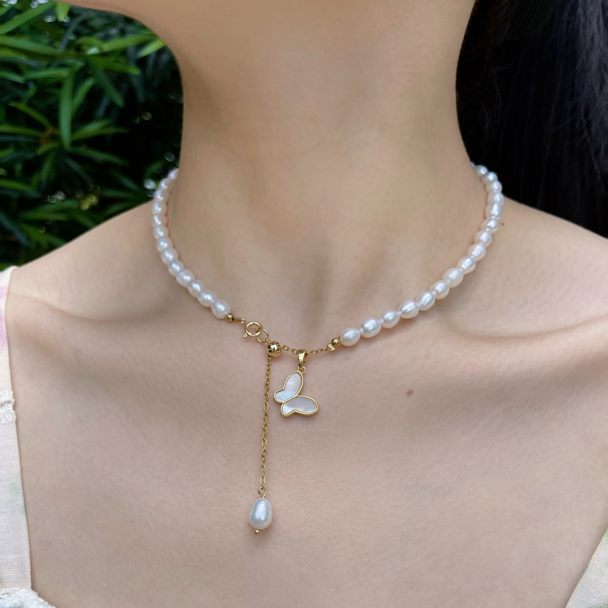 天然淡水珍珠项链女时尚百搭蝴蝶吊坠锁骨链轻奢气质法式小众颈链