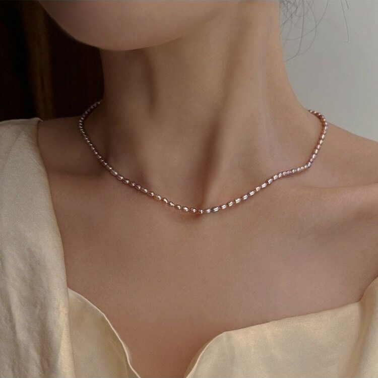 链子925银 项链女米珠炫紫梦幻天然淡水珠颈链强光极简轻奢锁骨链