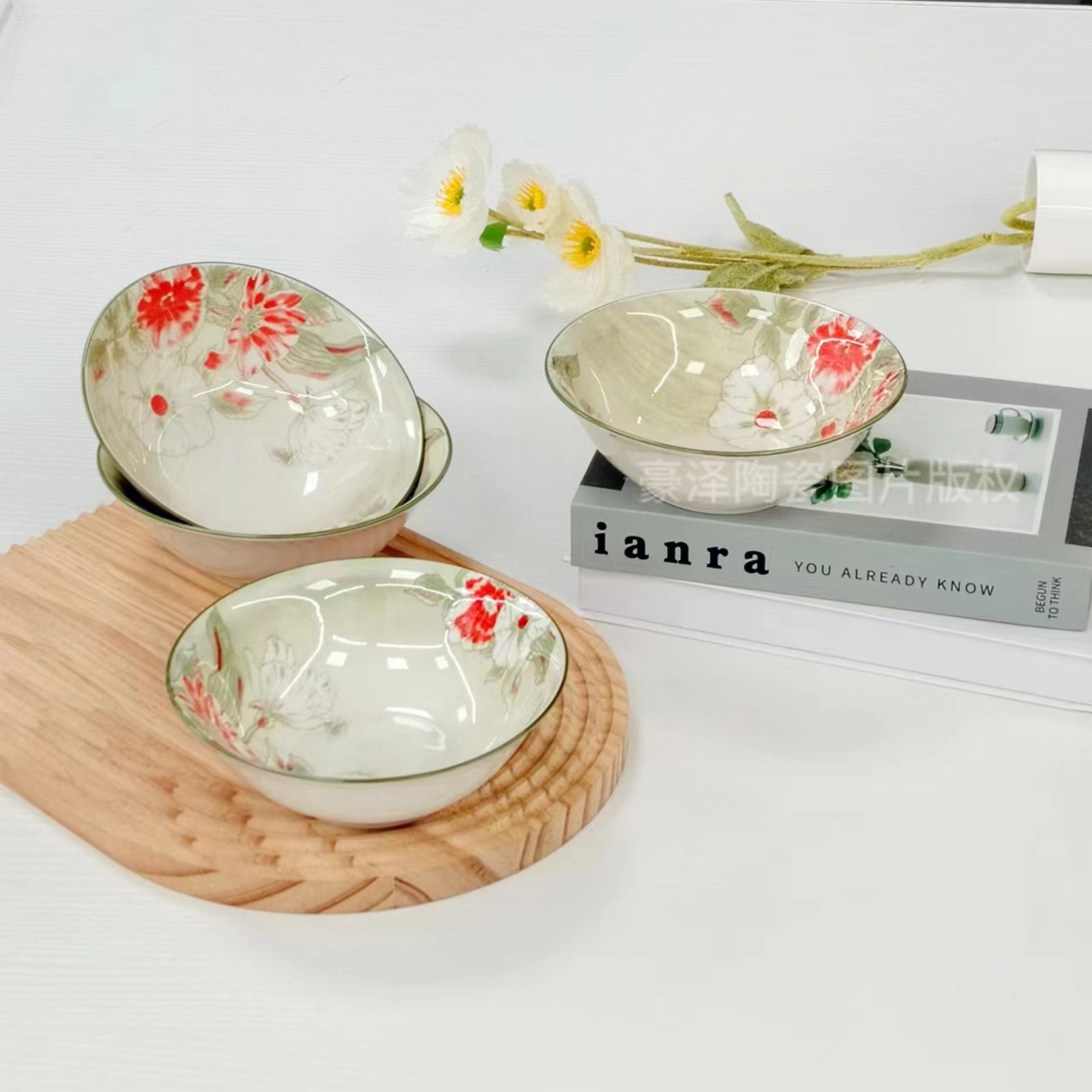 6英寸家用创意吃饭碗釉下彩蔷薇花语花开富贵斗碗四个