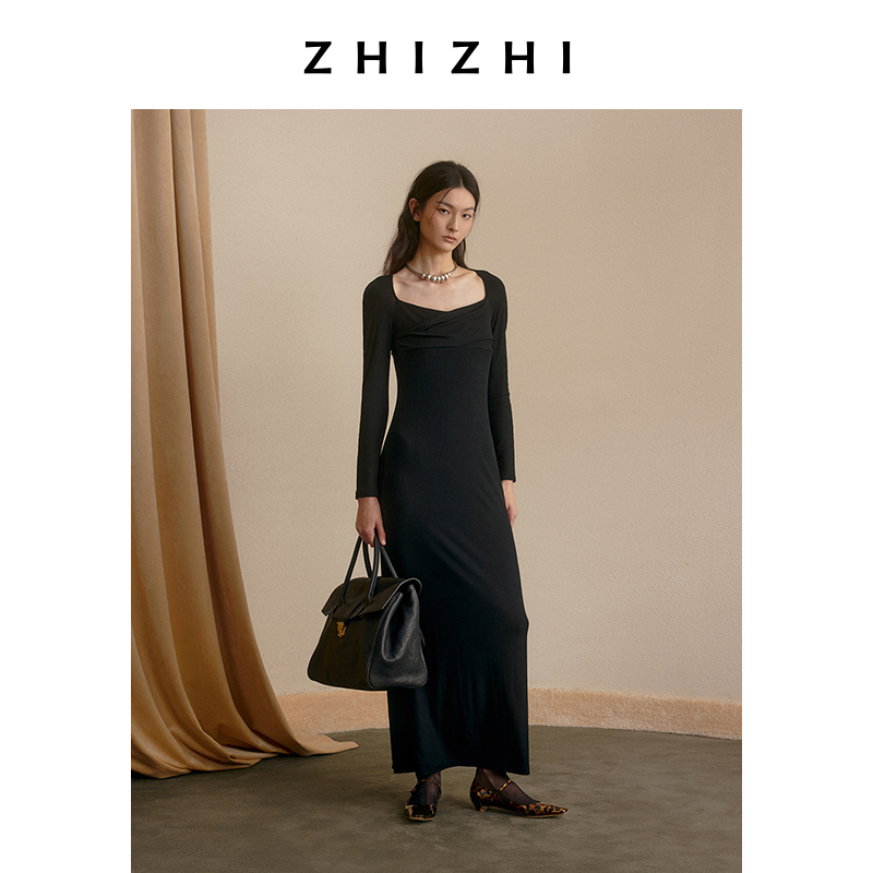 致知 一丛花 黑色修身长袖连衣裙女2024秋季新款钓系ZZ2DAWL2009