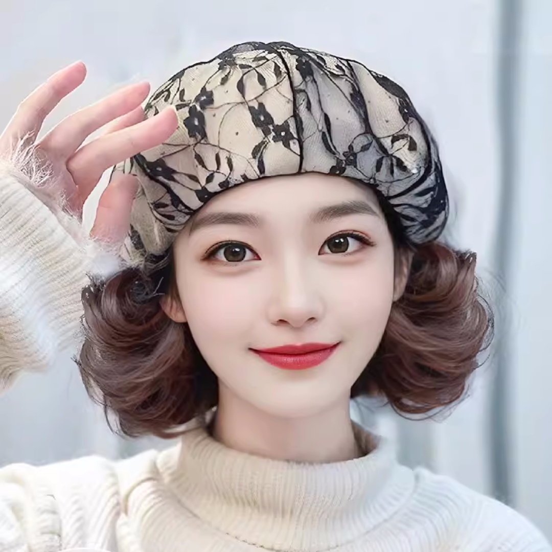 帽子假发一体女气质仿真短卷发时尚百搭蕾丝花朵八角贝雷帽全头套
