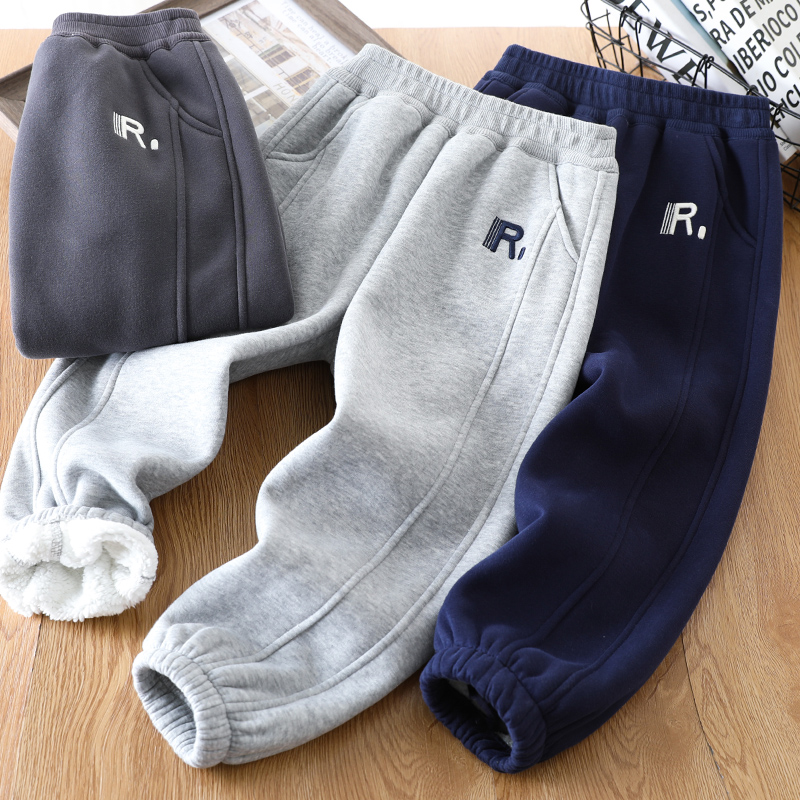 男童加绒卫裤秋冬2025新款儿童加厚保暖一体绒运动休闲裤中大童