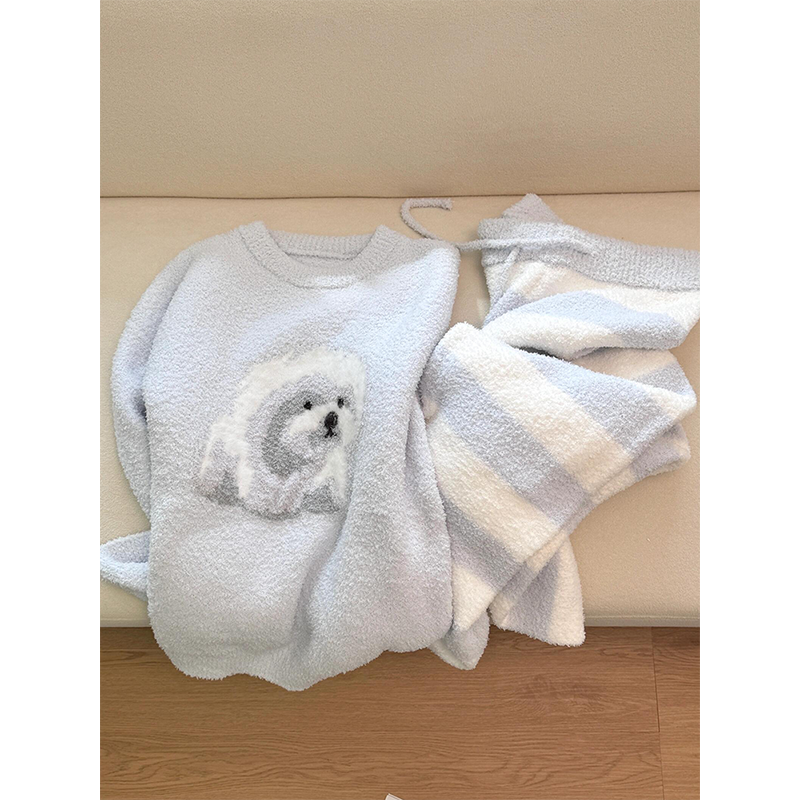 【baby蓝】亲肤软糯半边绒睡衣女冬季新款保暖条纹长裤睡衣家居服