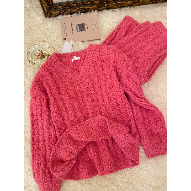 慵懒风软糯糯纯色半边绒睡衣女款冬季新款加厚针织家居服大码套装