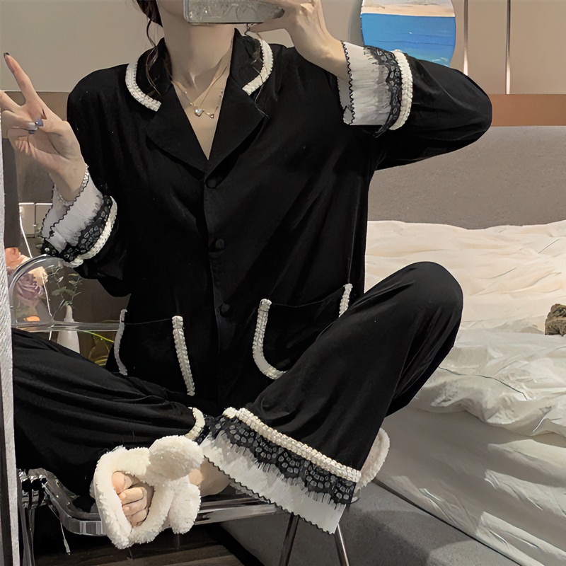 甜美蕾丝边两件套睡衣女ins秋季新款韩版长袖长裤时尚套装家居服