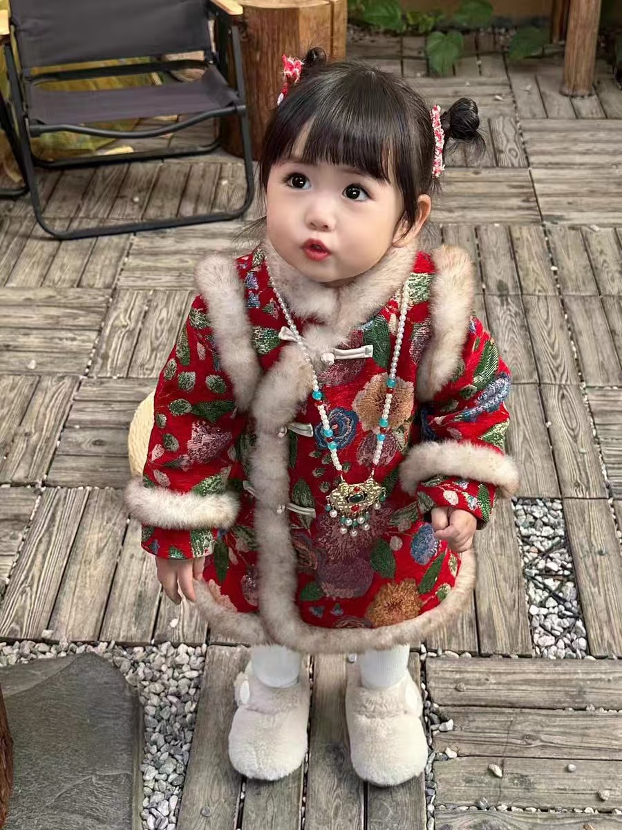 拜年服女童旗袍汉服冬款加绒加厚中国风新年服长款儿童女宝连衣裙