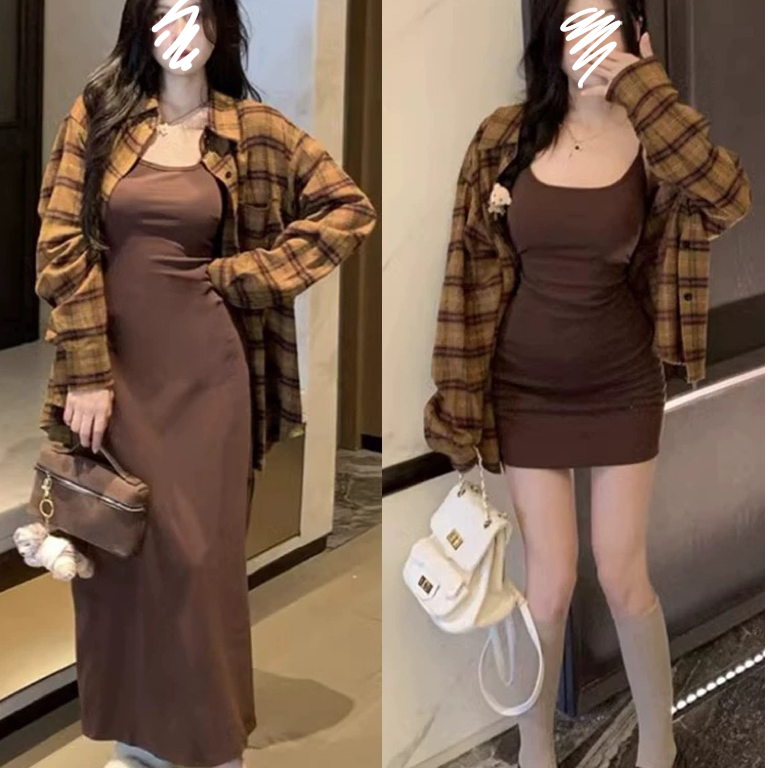 大码mm早秋莫兰迪美拉德磨毛衬衫显瘦收腰长短连衣裙复古格子套装