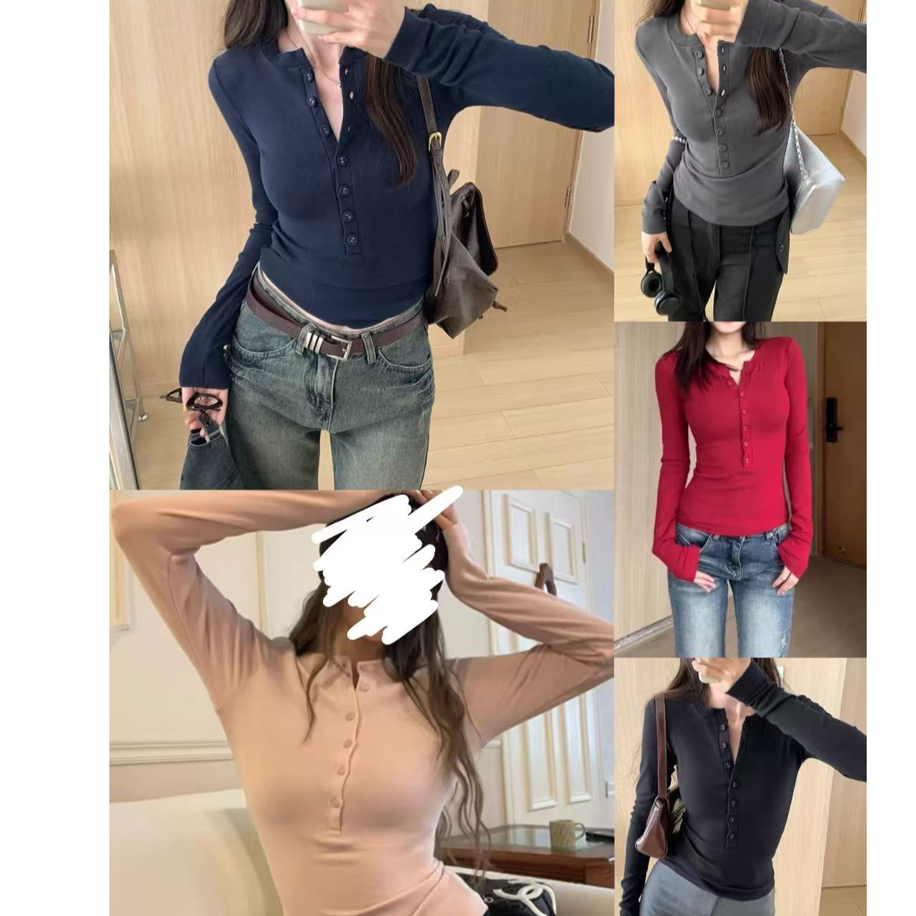 大码微胖mm秋季长袖修身收腰v领排扣百搭纯欲磨毛垫肩打底衫