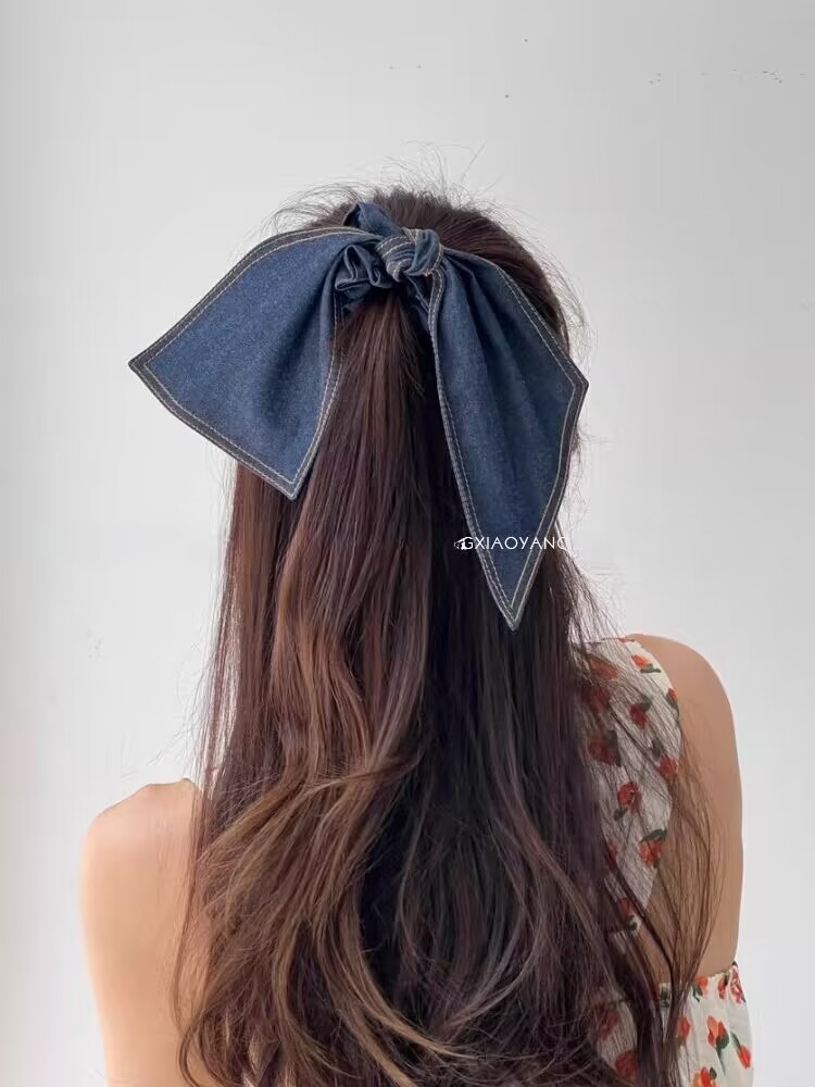 大肠发圈头绳女2023新款高级感牛仔蝴蝶结飘带绑头发扎丸子头发绳