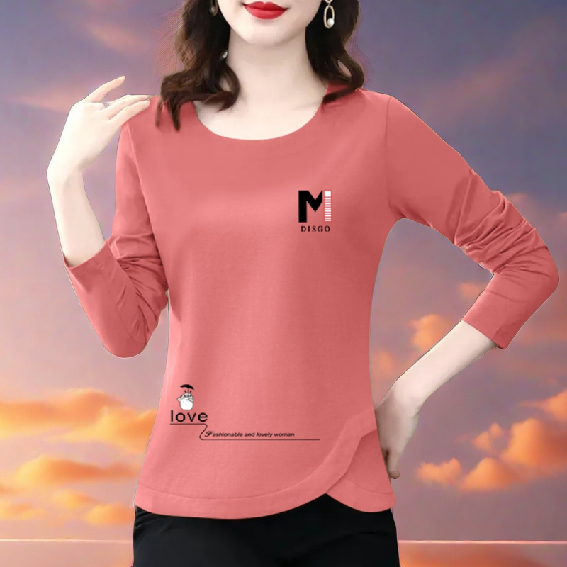 100%纯棉t恤女长袖洋气春秋款妈妈装时髦上衣女士大码百搭打底衫