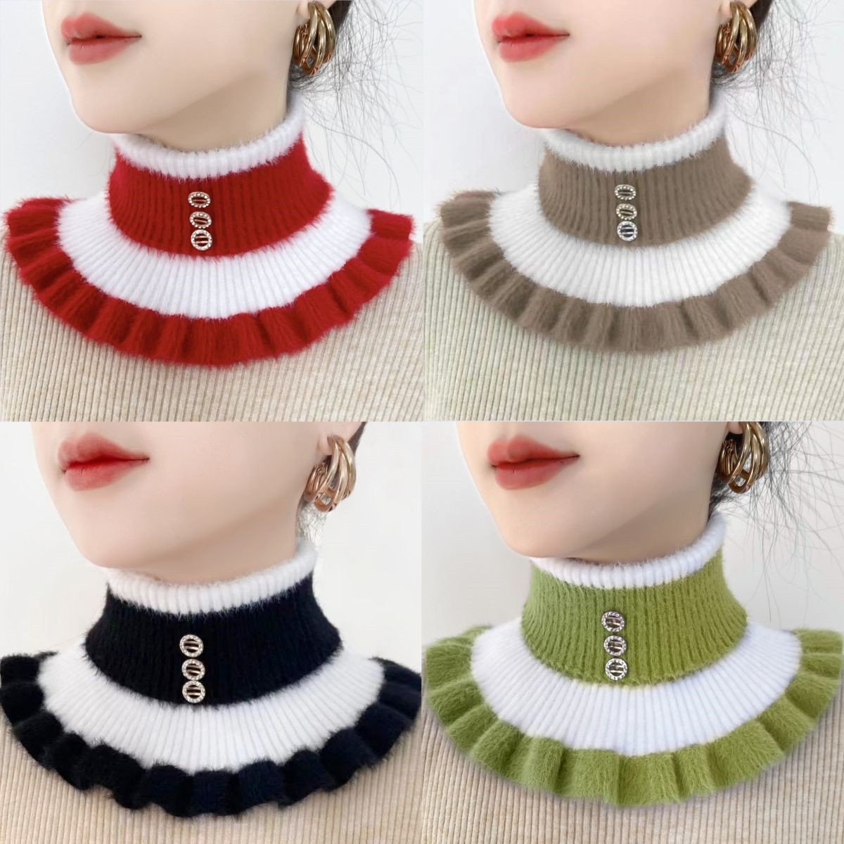 仿貂绒假领子新款加厚护颈椎围巾女针织条纹翻领围脖保暖百搭脖套
