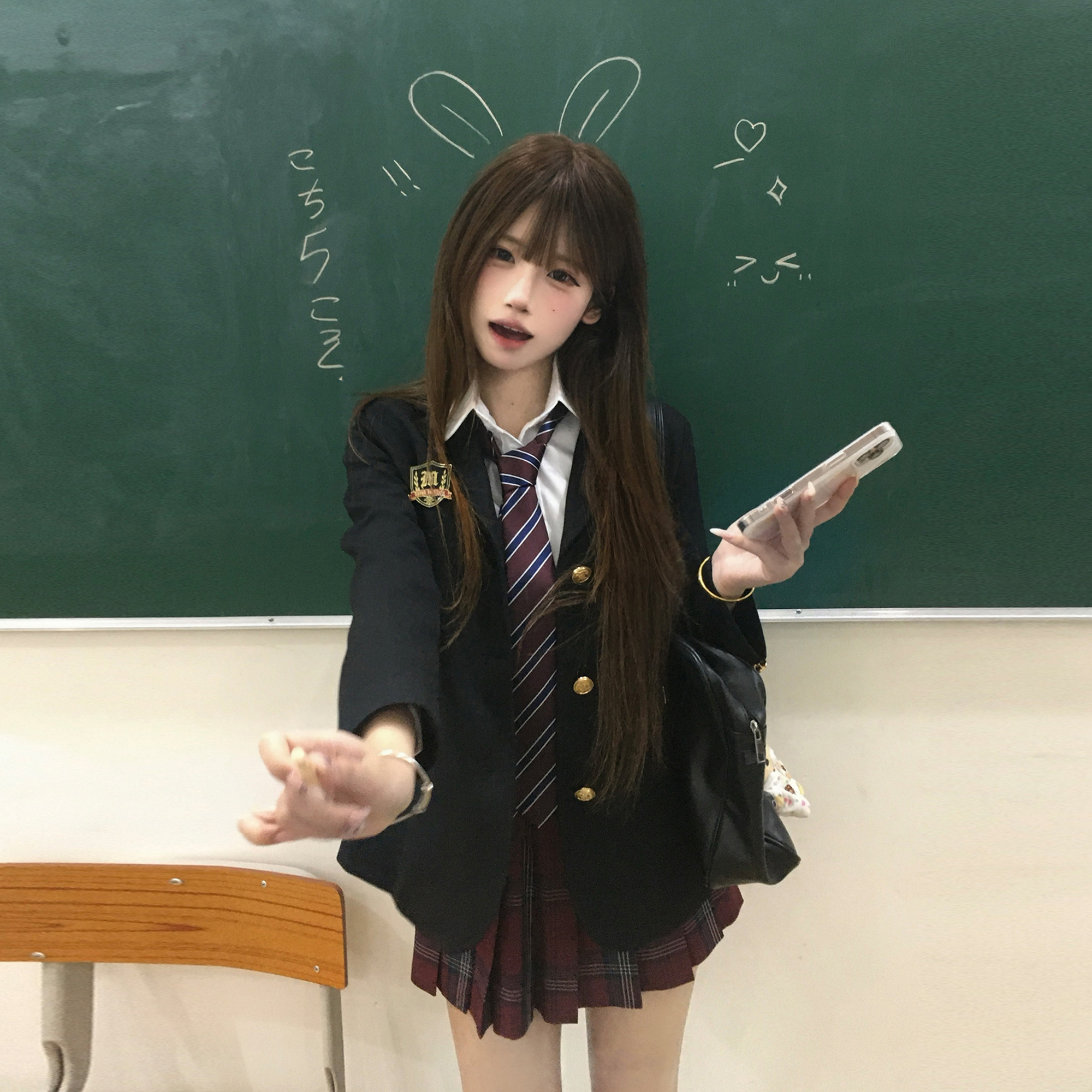 火星家JK制服原创【玄】格裙正版叠穿校供感西装黑色西服外套秋冬女