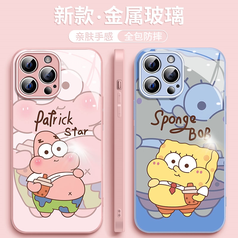 海绵宝宝适用苹果14/华为/荣耀/oppo/vivo手机壳13女新款可爱玻璃