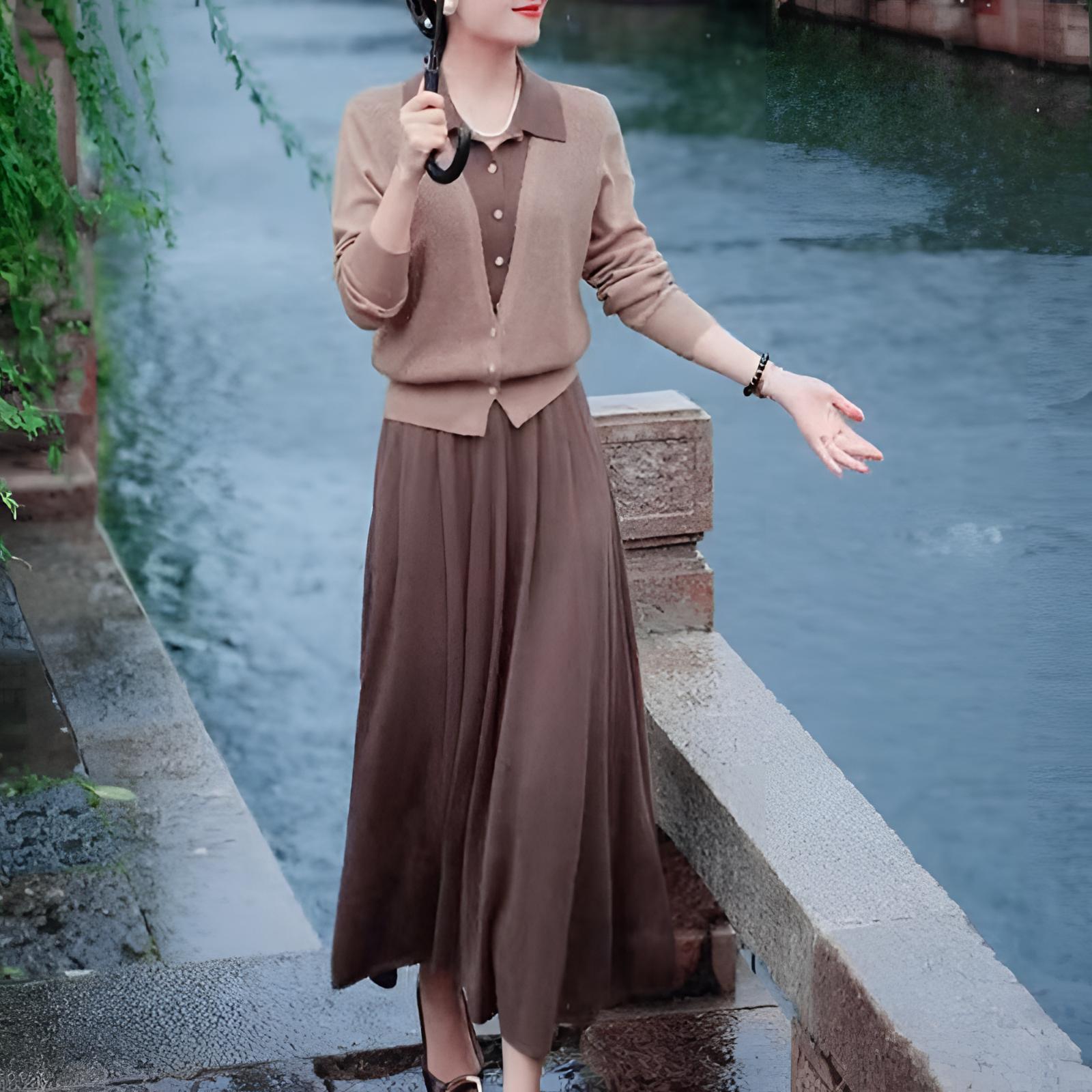 假两件开衫翻领长袖针织衫女春秋新款宽松显瘦中长款A字半身裙潮