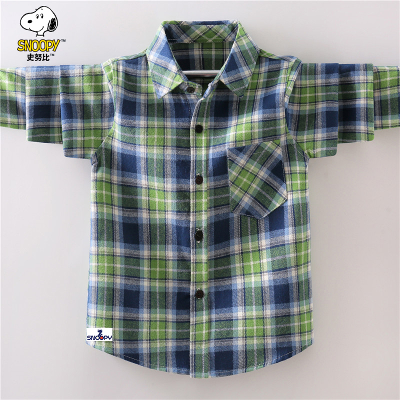 史努比男童长袖衬衫2024春秋新款儿童格子衬衣中大童男孩帅气外搭