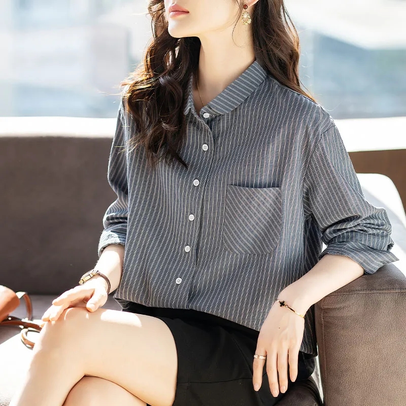 6102大码女装条纹长袖衬衫女2025年新款秋季衬衣口袋百搭减龄上衣