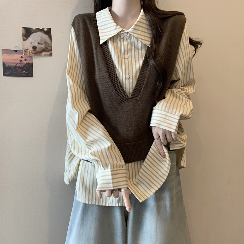 微胖妹妹大码假两件马甲拼接条纹长袖衬衫女秋季显瘦遮肚别致上衣