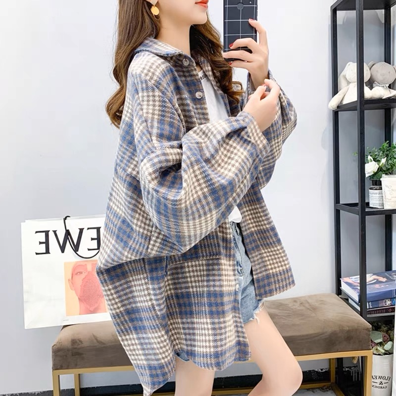 韩国ins色早秋新款磨毛设计感加厚百搭时尚百搭格子衬衫上衣女