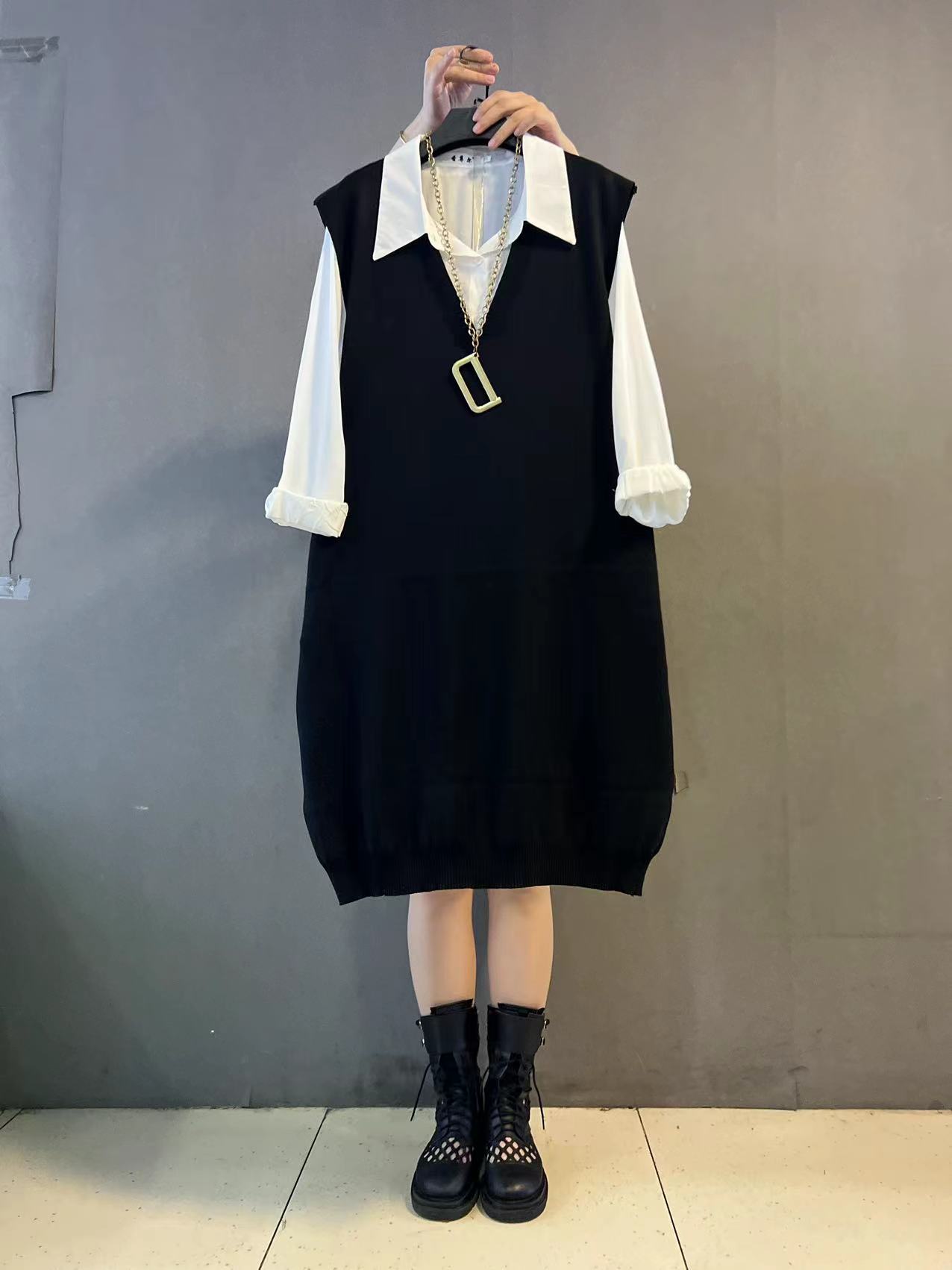 胖妹妹新款衬衫中长款马甲休闲两件套