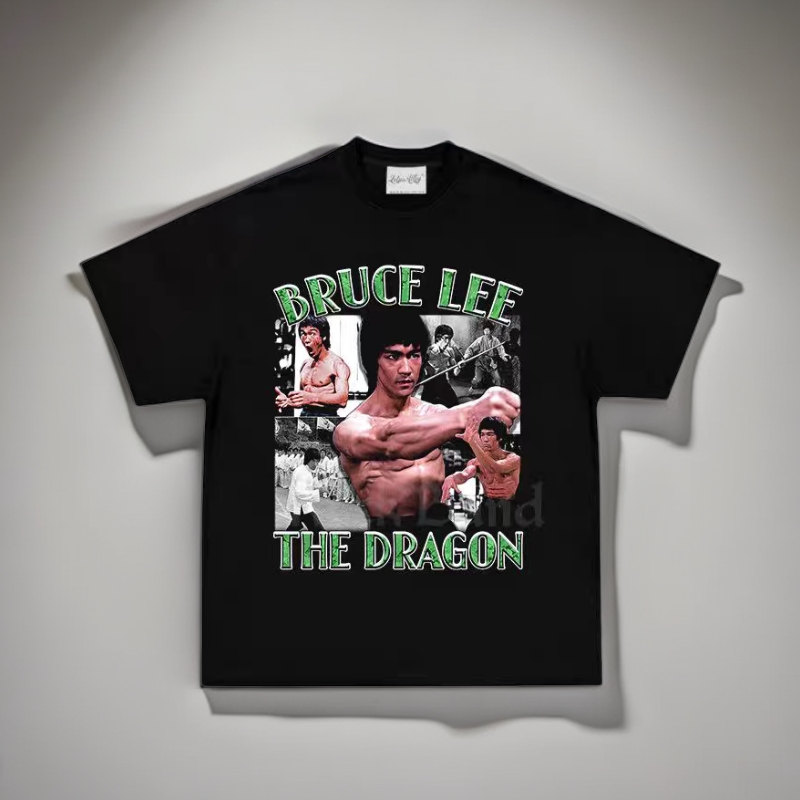 Bruce Lee李小龙复古做旧美式小领口宽松纯棉重磅高街头t恤男长袖
