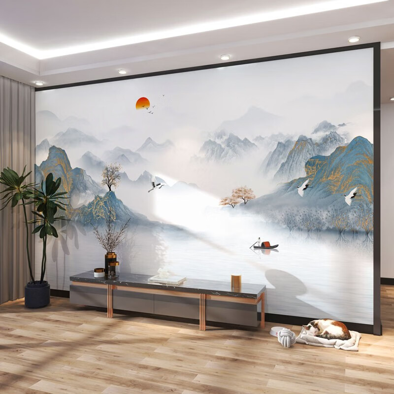新中式电视背景墙壁布2025年新款壁纸山水客厅背景墙客厅电视墙