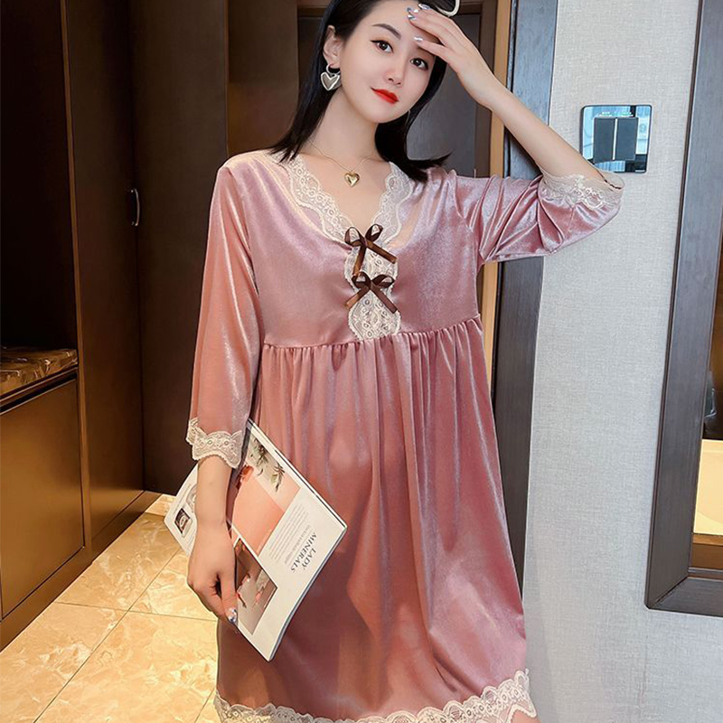 秋季新款金丝绒睡衣女时尚性感蕾丝韩版睡裙宽松甜美大码家居服