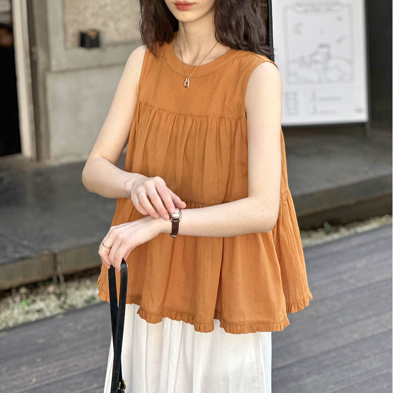 2025纯棉薄款休闲上衣设计感小众宽松T恤上衣显瘦洋气无袖娃娃衫