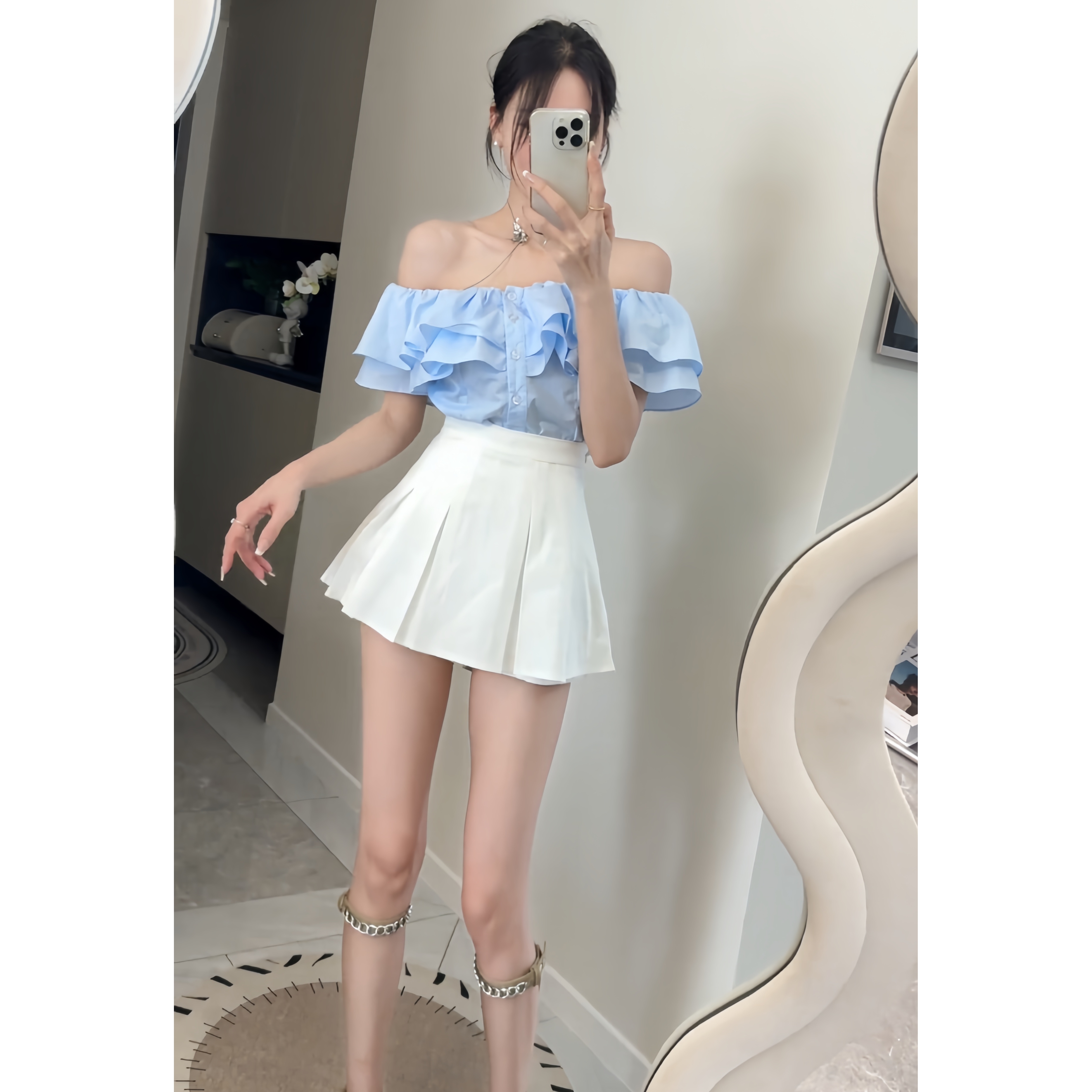 时尚甜美一字肩短袖荷叶边露肩衬衫上衣新款夏季清凉半身裙女装