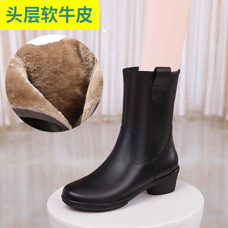 软面头层牛皮粗跟圆头中筒皮靴皮带扣时尚休闲棉靴拉链款真皮女靴