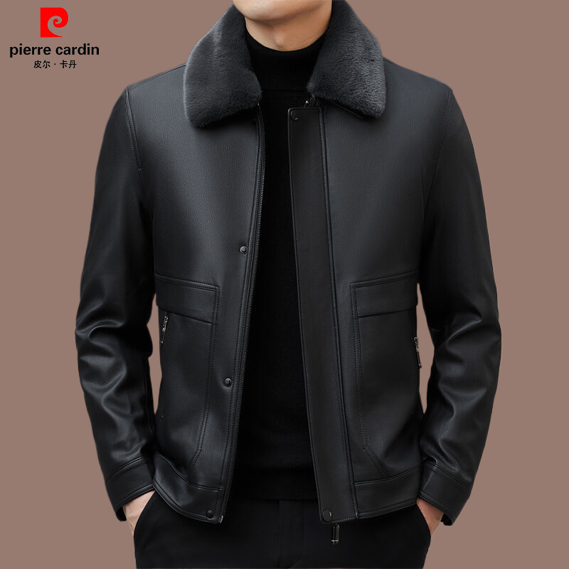 皮尔卡丹可脱卸皮毛一体外套加绒男装中年高端休闲冬款皮上衣保暖