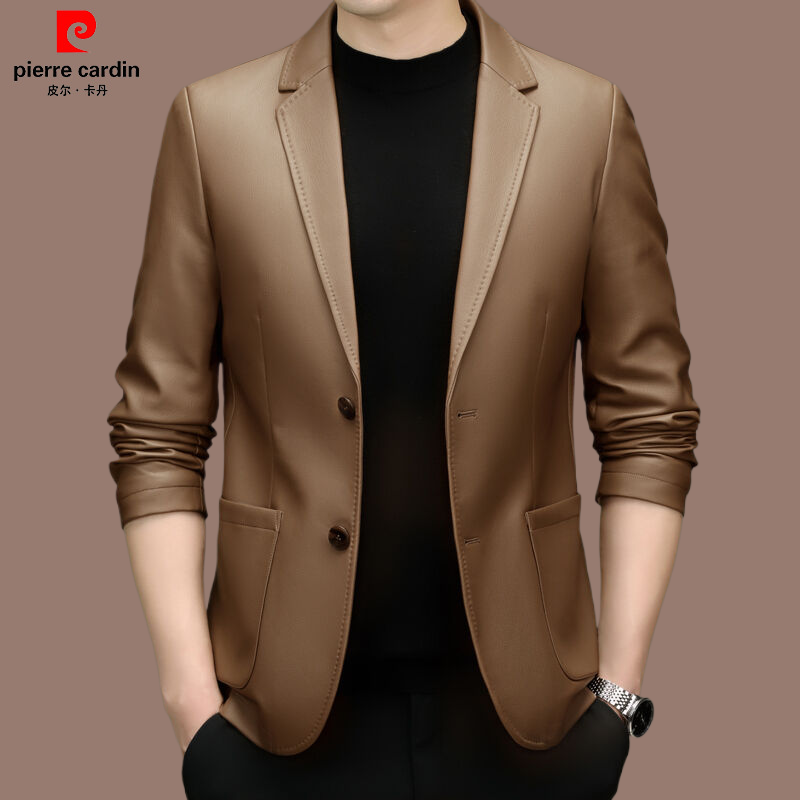 皮尔卡丹男士高级感男装皮西装外套商务休闲帅气春秋雷军皮衣爸爸