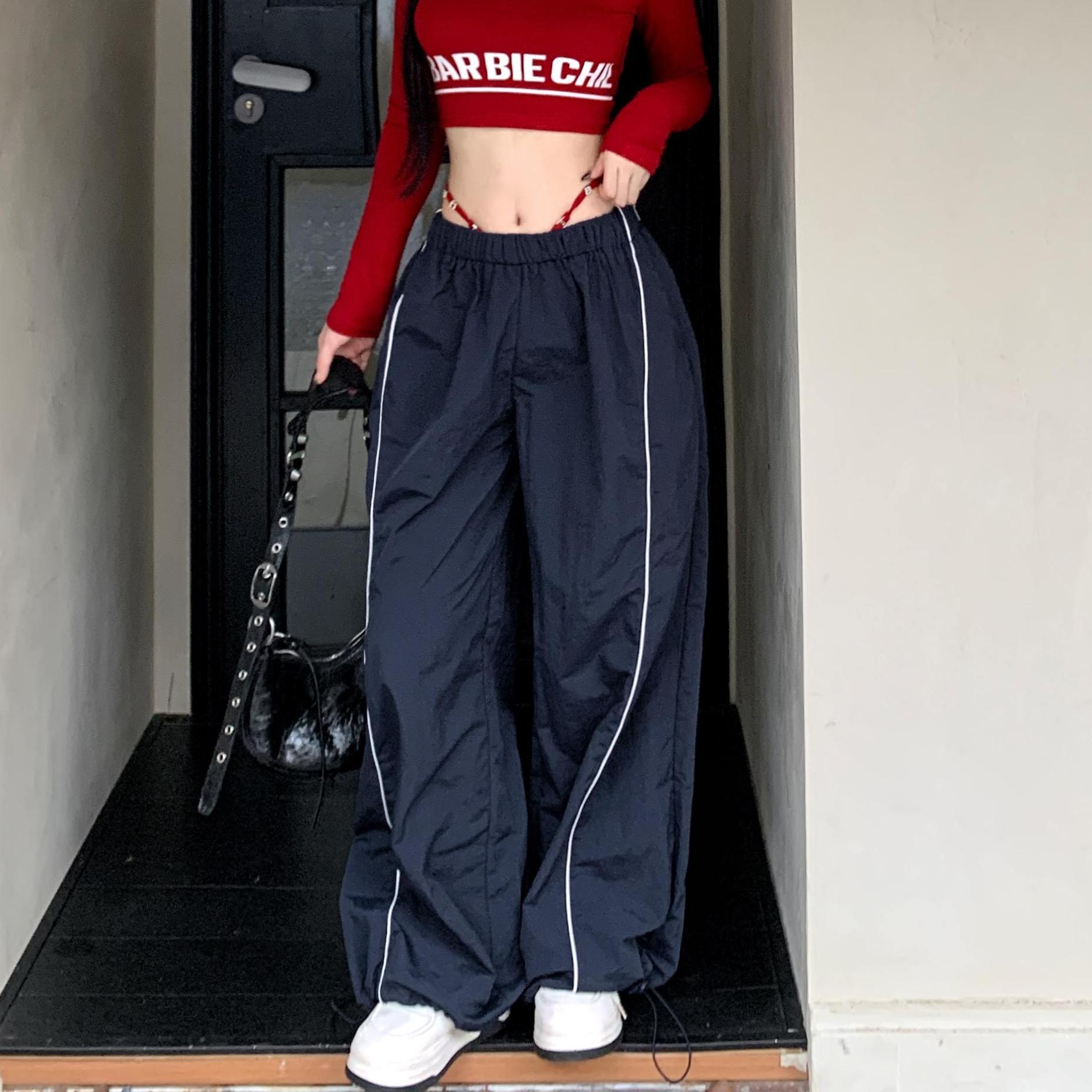 美式高腰运动裤女设计感街舞裤子宽松阔腿束脚跳舞户外嘻哈休闲裤