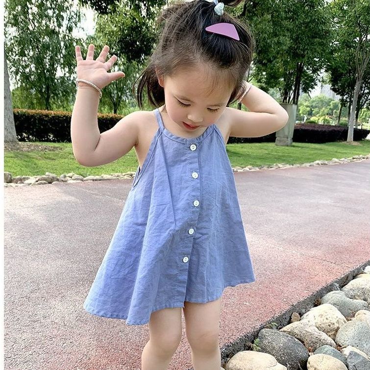 【热推爆款】女童棉麻吊带连衣裙背心2025夏季新款韩版宝宝洋气无袖